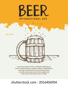 Diseño vectorial de ilustración del Día Internacional de la Cerveza. la taza de cerveza aislada con fondo blanco y naranja puede ser utilizada para fiestas, celebraciones y festivales