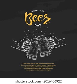 International Beer Day illustration vector design. Hand hold Beer mug isolated on black background can be use for party, celebration and festival