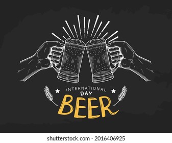 International Beer Day illustration vector design. Hand hold Beer mug isolated on black background can be use for party, celebration and festival