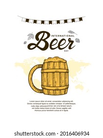 International Beer Day illustration vector design. Orange beer mug isolated on white background and world map can be use for party, celebration and festival