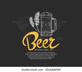 International Beer Day illustration vector design. Beer mug isolated on black background and world map can be use for party, celebration and festival