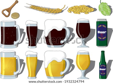 International beer day illustration vector set containing light and dark beer, mug, goblet, glass, bottle, can. Celebrating on first friday of august. Set with beer opener, beer cap, hop, malt, barley