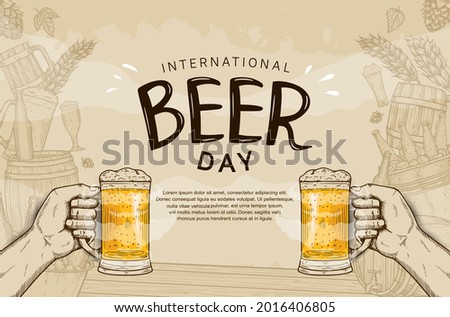 International Beer Day illustration vector design with hand drawn element isolated on soft brown background can be use for party, celebration and festival