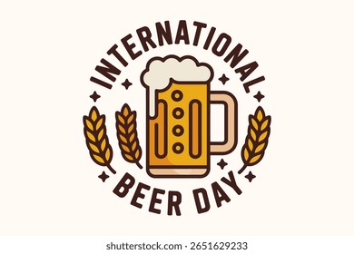 International beer day label with bold text and beer mug icon centered in vintage festival themed badge design