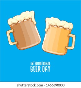 international beer day label or poster with beer glass isolated on blue background. Happy beer day greeting card