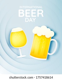 International beer day. lager beer with happy bubble banner and paper art style vector illustration