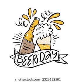 International beer day lettering phrase, beer glass and bottle. Hand drawn vector illustration. Isolated on white background.