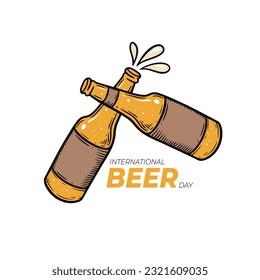 Texto con letras del Día Internacional de la Cerveza y dos botellas con bebida de cerveza. Dibujo a mano ilustración vectorial de arte. Aislado sobre fondo blanco.