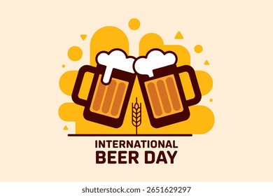 International beer day logo with clinking mugs and wheat icon for global beer lovers celebration print