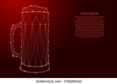 International beer day, beer mug from futuristic polygonal red lines and glowing stars for banner, poster, greeting card. Vector illustration.