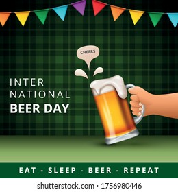 International Beer Day, on August. Cheers with clinking beer mugs conceptual. vector illustration.
