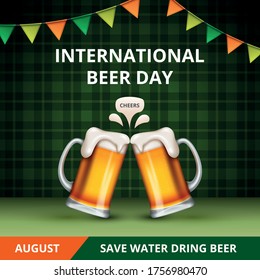 International Beer Day, on August. Cheers with clinking beer mugs conceptual. vector illustration.