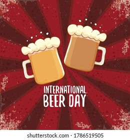international beer day squre banner or poster with beer glass isolated on abstract red background with sun rays. Happy beer day vintage hand drawn greeting card or flyer