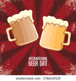 international beer day squre banner or poster with beer glass isolated on abstract red background with sun rays. Happy beer day vintage hand drawn greeting card or flyer