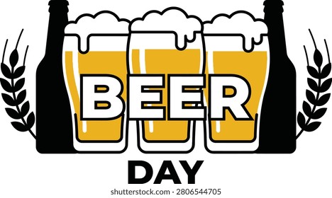 International beer day typography with three frothy glasses and barley decoration vector illustration design