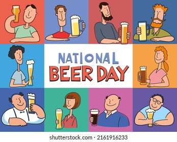 International beer day. Various cartoon characters with different beers
