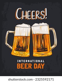 International Beer Day vector clip art, banner, poster with lettering cheers. Beer mugs vector art illustration