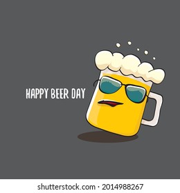 International beer day vector concept illustration or summer poster with vector funky beer character. Cartoon funny International beer day label