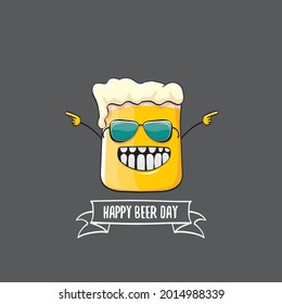 International beer day vector concept illustration or summer poster with vector funky beer character. Cartoon funny International beer day label
