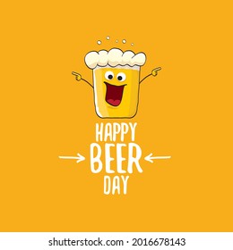 Ilustración de concepto del Día Internacional de la cerveza o afiche de verano con personaje de cerveza funky vector sobre fondo naranja. Caricatura divertida etiqueta del día internacional de la cerveza