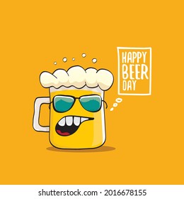 International beer day vector concept illustration or summer poster with vector funky beer character on orange background. Cartoon funny International beer day label