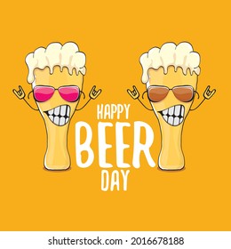 International beer day vector concept illustration or summer poster with vector funky beer character on orange background. Cartoon funny International beer day label