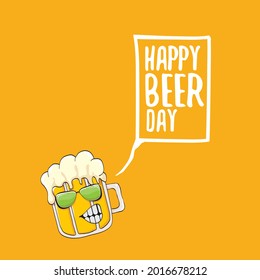 International beer day vector concept illustration or summer poster with vector funky beer character on orange background. Cartoon funny International beer day label