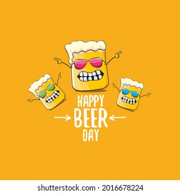 International beer day vector concept illustration or summer poster with vector funky beer character on orange background. Cartoon funny International beer day label