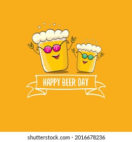 Ilustración de concepto del Día Internacional de la cerveza o afiche de verano con personaje de cerveza funky vector sobre fondo naranja. Caricatura divertida etiqueta del día internacional de la cerveza
