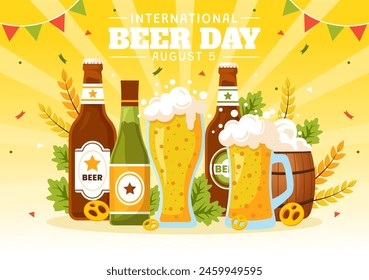 Ilustración vectorial del Día Internacional de la Cerveza el 5 de agosto con la celebración de las cervezas Cheers y la elaboración de cerveza en diseño plano de fondo de dibujos animados