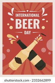 International Beer Day vector poster. Two crossed open beer bottles with alcoholic drink splashes. Vintage style advertising concept. Creative graphic invitation layout with place for text. Retro art