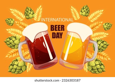 International Beer Day.Background with hops, wheat, beer mugs.Vector illustration for beer day.