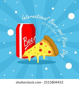 International Beer and Pizza Day celebrate on October 9th event food and drink banner. A red beer can with a slice of pizza on blue light background.