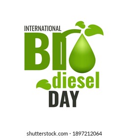 International Biodiesel Day. Bio diesel droplet with gas station nozzle and green leaves. Bio fuel concept icon, logo, sign, symbol design on white background. Vector illustration