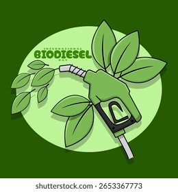 International Biodiesel Day is celebrated every August 10th. Illustration of a green gas pump head with leaves on a dark green background.