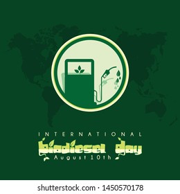 International Biodiesel Day Vector Design which is celebrated on 10th of August with the design concept of a gas station with leaf images and green world map