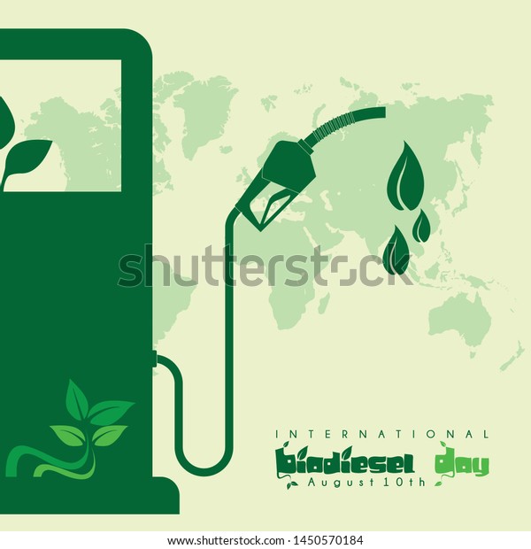 International Biodiesel Day Vector Design which is\
celebrated on 10th of August with the design concept of a gas\
station with leaf images and world\
map