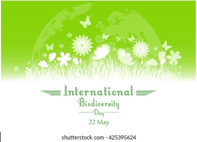 International Biodiversity Day background with flower, butterflies and grass silhouettes.Vector