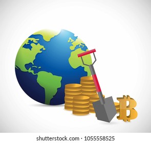 international bitcoin, gold coins and shovel Illustrator. data mining design graphic isolated over white