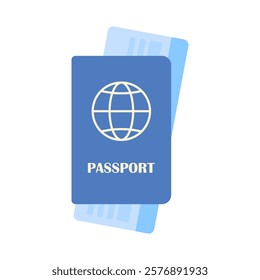 International blue passport with plane tickets in cartoon style on a white isolated background.  An important document for traveling around the world. Things for travel.
