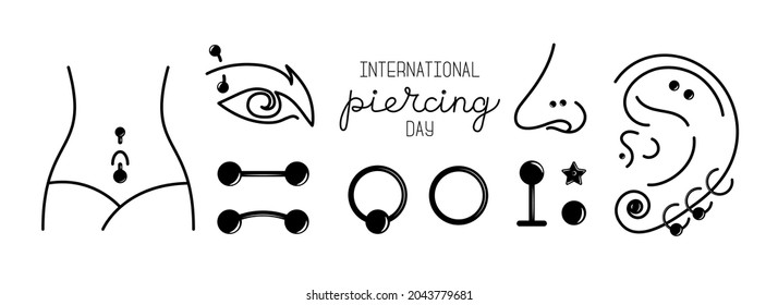International body piercing day. Icon Body jewelry. Line art vector illustration. 
