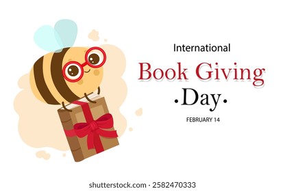 International book giving day card or banner design. Cute cartoon bee with book