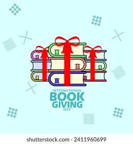 International Book Giving Day event banner. Books tied by a red ribbon as a gift, with bold text on light blue background to celebrate on February 14