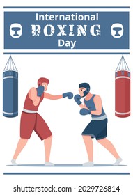 International boxing day flat card with two male boxers in fighting stance decorated red and blue punching bags vector illustration