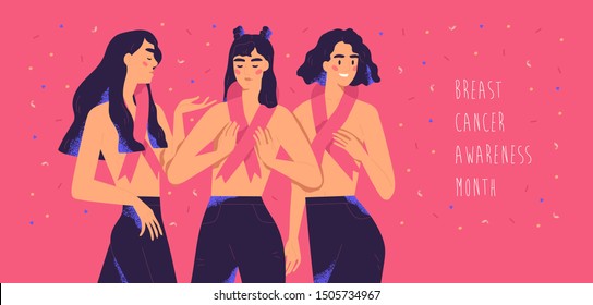 International breast cancer awareness month banner. Girls with pink ribbon symbols standing together. Concept of women's social movement against oncology disease. Vector illustration in flat style.