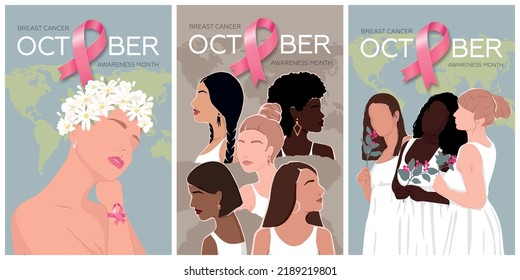 International Breast Cancer Day. A set of cards with a pink ribbon and diverse women with different skin colors together. International day against breast cancer. Modern vector illustration.