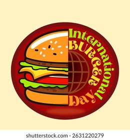 International Burger Day, simple concept and round design with burger elements. Vector illustration of burger day celebration on dark red background texture
