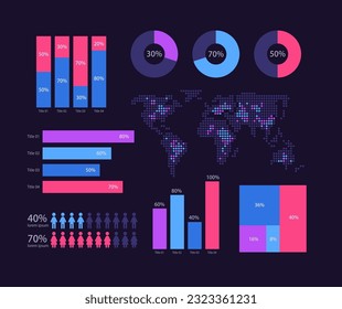 International business analytics infographic chart design template set for dark theme. Visual data presentation. Editable bar graphs and circular diagrams collection. Myriad Pro font used
