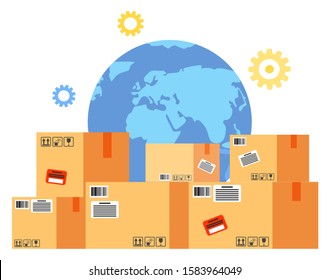 International business with China delivery cardboard box. Globe symbol and containers with stickers for worldwide shipping. Export or import logistic element planet and cargo object on white vector