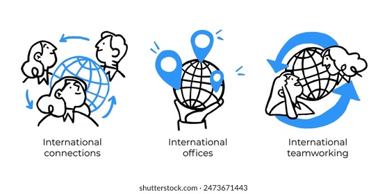 International Business communication and collaboration, teamwork, partnership - set of business concept illustrations. Visual stories collection.